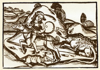 Um viajante encontra dois tigres monstruosos com o aspecto de uma Basílica. As fábulas de Esope (gravura, final do século XV) de Unknown artist
