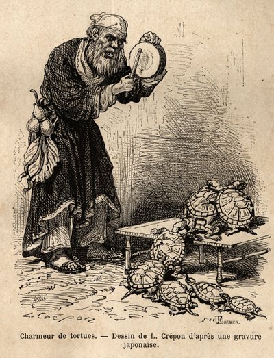 Um encantador de tartarugas, pertencente à compota intermédia entre mendigos e charlatães de fadas. Gravura para ilustrar a viagem ao Japão, de Aime Humbert, ministro da Confederação Suíça, em 1863-1864, publicada em "le tour du monde", sob o título direct de Unknown artist