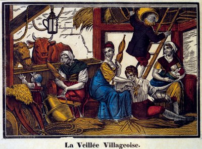 Uma vida noturna de aldeia: uma família de camponeses em um celeiro. Gravura do século XIX. Paris, B.N. de Unknown artist
