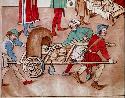 Um padeiro ambulante. Miniatura de "Chronicles of the Council of Constance" de Ulrich Richental (1360-1437) 1438 aproximadamente Praga, biblioteca nacional de Unknown artist