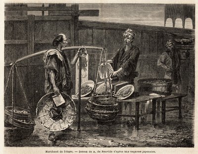 Um comerciante ambulante fritando, carrega seus donuts em cestas, e viaja ao mercado para vender, aos outros comerciantes, o almoço. Gravura para ilustrar a viagem ao Japão, em 1863-1864, de Aime Humbert, ministro da Confederação Suíça, em "Le tour du mond de Unknown artist
