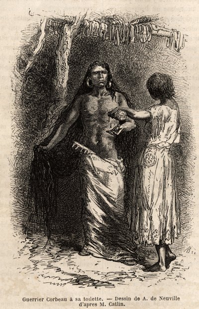 Um guerreiro da tribo indígena Crow (corvos), que vive ao longo do rio Lewis, fazendo seu banheiro. Gravura para ilustrar uma excursão entre as tribos indígenas das bacias da Colômbia e do Alto Missouri, de G. Catlin, em 1855, publicada em "le tour du mond de Unknown artist