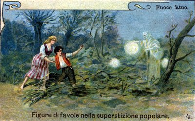 Uma fogueira selvagem, uma luz difusa que pode ser vista à noite perto dos pântanos e cemitérios, seria um espírito inteligente da tradição popular. chromolithographof do século XIX. de Unknown artist