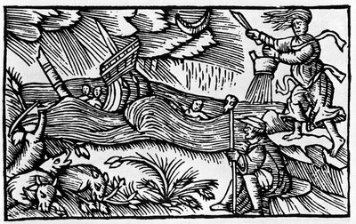 Uma bruxa causa uma tempestade depois de "Historia de gentis nortentrionalibu" s de Olaus Magnus, Roma 1555 de Unknown artist