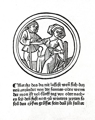 Uma mulher está a sangrar. Xilografia em "Buch de Surgery" de Hyeronimus Braunschweig. Estrasburgo 1497 de Unknown artist