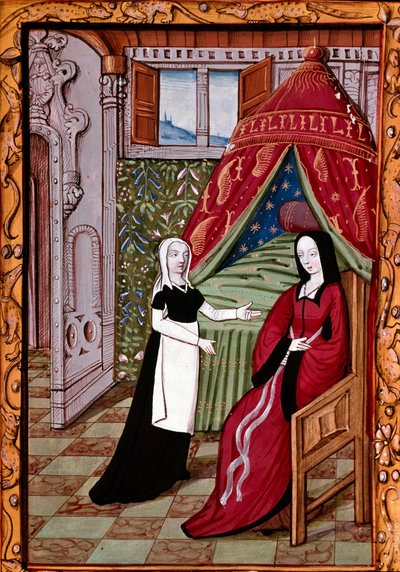 Uma jovem mulher provavelmente Louise Laval (falecida em 1480) no seu quarto com a sua criada miniatura tirada do "Histoire de Jean III de Brush et de sa femme Louise de Laval" (ms. 1475, fol. 10r) Chantilly, musee Conde de Unknown artist