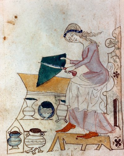 Uma jovem mulher afiando uma faca. Miniatura retirada de um manuscrito provençal do tipo "Dis des philosophes" (MS Palat. 586) Biblioteca Nazionale Florence do século XIV de Unknown artist