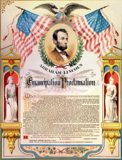 Abraham Lincoln e sua proclamação da Emancipação dos escravos (bandeiras e águia). 22-09-1862. de Unknown artist