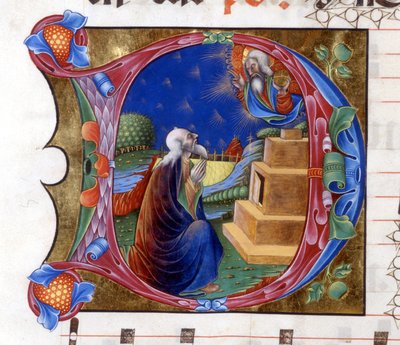 Abraão convidado pelo Senhor a deixar a sua terra. Miniatura de um coro do século XV ("civitatis" de Santo Agostinho). Biblioteca de Lodi de Unknown artist