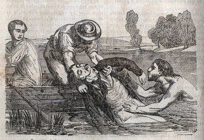 Medicina de acidentes - sobre o alívio mais eficaz a dar aos afogados - para remover um afogado da água, é preciso fazê-lo da forma mais conveniente possível - gravação em "La Sante Universelle - Guide Medical des Families" 1852 de Unknown artist