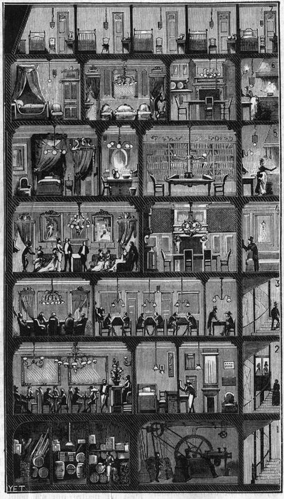 Alojamento em Paris - Secção transversal de um edifício Haussmann em Paris, em 1885. No andar de cima os bons quartos e nos outros andares, escritórios, apartamentos e sala de recepção (reunião). Gravura em "La Nature". Revisão das ciências e suas aplicaçõ de Unknown artist