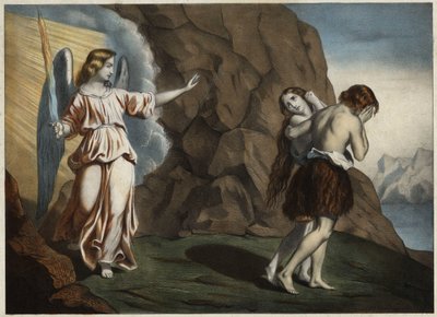 Adão e Eva perseguidos do Paraíso. Gravura anónima de meados do século XIX. de Unknown artist