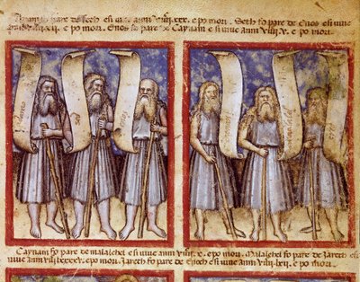 A genealogia de Adão é seguida por Seth, Enoque (Henoch ou Enosh) Kenan, Mahalalel (Mahalaleel) e Jared (ou Yared), os grandes patriarcas da Bíblia Miniatura tirada do códice 212 (ou padovano ou Bíblia de Pádua) 1390-1400 Rovigo, Accademia dei Concordi de Unknown artist