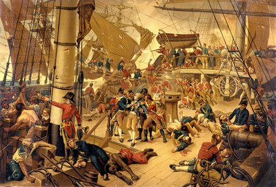 O Almirante Nelson sofre ferimentos graves na Ponte da Vitória durante a Batalha de Trafalgar, em 21/10/1805. de Unknown artist