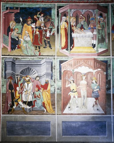 Adoração dos Magos, circuncisão, zombaria, flagelação, Vida de Cristo (século XV), frescos, Capela de São Sebastião, Villard-de-Lans, Rhone-Alpes, França. de Unknown artist