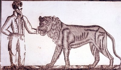 Publicidade para o circo em 1800, retratando um domador colocando a mão na boca de um leão. de Unknown artist