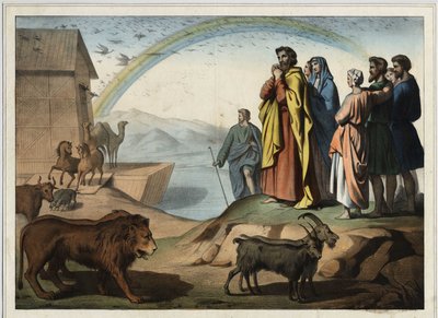 Após a inundação, os animais descem da arca. À direita: Noé, sua esposa, seus três filhos (Shem, Sham e Japhet) e sua esposa. Na parte inferior, o arco-íris (símbolo da ordem da criação conclui entre Noé e Deus). Gravura anônima do de Unknown artist