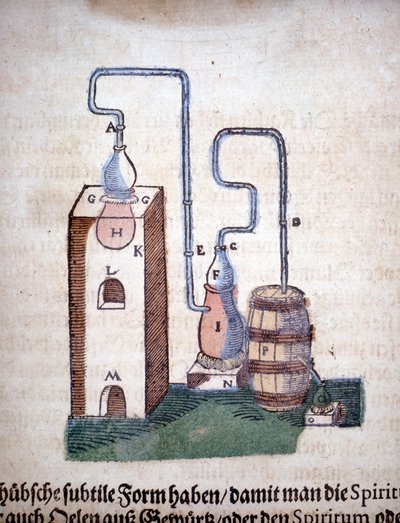Alquimia: Aparelho para destilação, retirado de um livro de Pietro Andrea Mattioli (Matthiole) (1500-1577). Frankfurt de Unknown artist