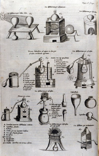 Alquimia: placa representando diferentes modelos de aparelhos de destilação e alambiques. Athanase Kircher (ou Athanasius Kircheri 1602-1680), jesuíta alemão. Gravura do século XVII. de Unknown artist