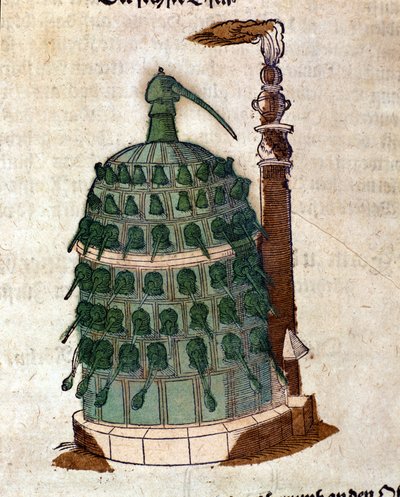 Alquimia: o forno Athanor, gravura de um livro de Pietro Andrea Mattioli (Matthiole) (1500-1577). Frankfurt de Unknown artist