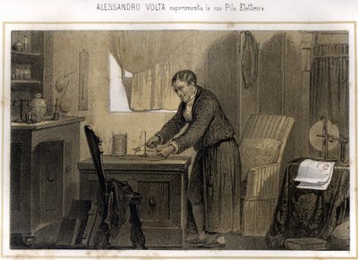 Alexandre (Alessandro) Volta (1745 - 1827) e sua experiência com a bateria elétrica - em “” Storia d&39;Italia ”” de Unknown artist