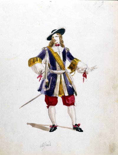 O traje de Alfredo para a ópera "La Traviata" de Giuseppe Verdi em La Scala, em 1855. de Unknown artist
