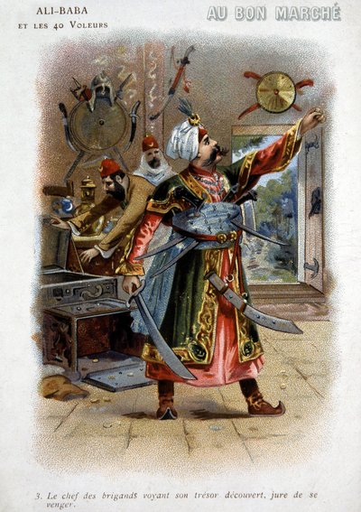 Ali - Baba (Ali Baba) e os 40 Ladrões (contos dos mil e uma noites): O chefe dos ladrões vendo seu tesouro descoberto, jura vingança - Papelão da "Boa Marcha", final do século XIX de Unknown artist