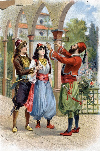 Ali Babá. (Ali-Baba) (Contos das Mil e Uma Noites): para recompensar Morgiane, Ali Baba a dá em casamento com seu Filho. Cromolitografia do século XIX de Unknown artist