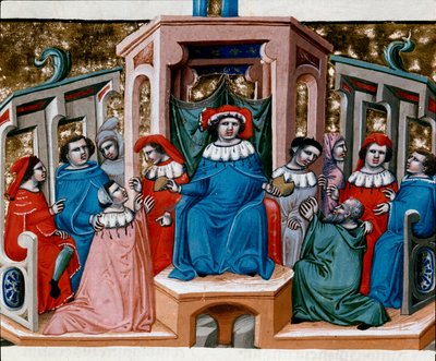 Alegoria da Lei Miniatura extraída do Código Justiniano (Codex Justinianus), uma coleção de leis e instituições publicadas sob o Imperador Romano Justiniano I de Bizâncio (483-565) de Unknown artist