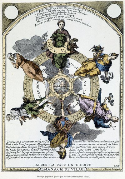 Almanach de vilage "Depois da guerra, paz, depois da paz, guerra": armário realizado no campo e concebido no sentido de uma filosofia suave para despertar nas massas o espírito de resignação na presença das misérias do tempo - século XVII de Unknown artist