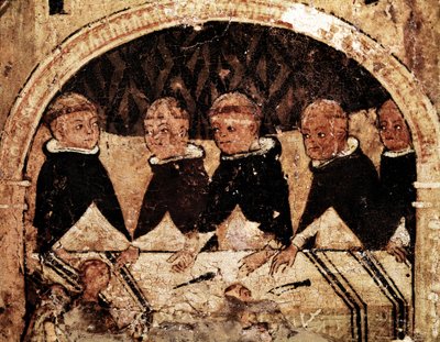 Altarpe da vida de Santa Domingas de Guzman (1170-1221), fundador da Ordem Dominicana: grupo de monges dominicanos na mesa. Pintura sobre madeira do século XIII. Nápoles, Museo Nazionale di Capodimonte de Unknown artist