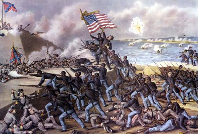 Guerra Civil Americana (1861 - 1865): ataque ao Forte Wagner na Ilha Jekill, ao largo da Geórgia, em julho de 1863, por 2000 voluntários negros. Gravura do século XIX. de Unknown artist