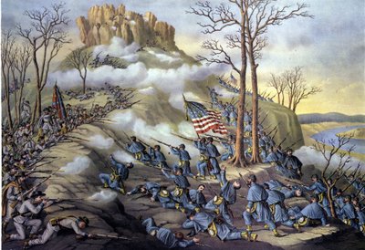 Guerra da Secessão Americana ou Guerra Civil (1861 - 1865): 23/11/1863, Batalha da Montanha de Vigia no Tennessee, um assalto conhecido hoje como a batalha sobre as nuvens por causa do nevoeiro que permitiu que as tropas federais avançassem mais rapidament de Unknown artist