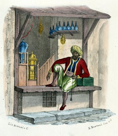 Um vendedor árabe, gravando por volta de 1850. de Unknown artist