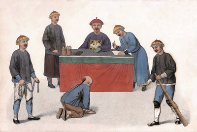 Um acusado perante um magistrado foi assistido por um escrivão, uma secretária e guardas. em "The Punishment of the Chinese", Londres de Unknown artist