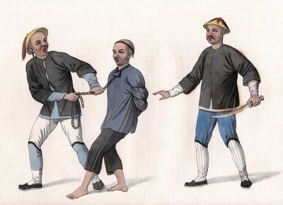 Um acusado é levado para a prisão, amarrado por uma corrente à volta do pescoço. Gravação, em "The Punishments of the Chinese" (Os Castigos dos Chineses), Londres de Unknown artist