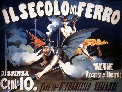 Uma representação alegórica de uma máquina de meio trem, meio dragão com um rosto humano simbolizando o progresso. "O Século de Ferro". Anónimo do fim do século XIX. de Unknown artist