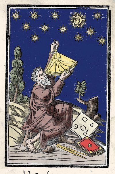 Um astrônomo fazendo cálculos usando um sextante durante um eclipse. Gravura do século XVI. de Unknown artist
