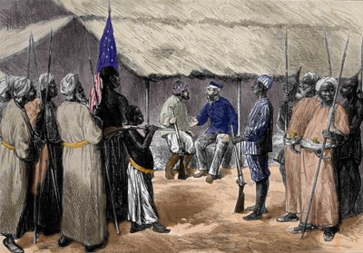 Um encontro entre David Livingstone (1813-1873), missionário inglês e explorador da África, e Henry Morton Stanley, jornalista galês, explorador da África (1841-1904), numa aldeia da África Central. de Unknown artist