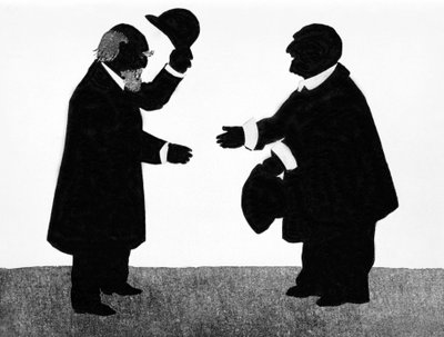 Um encontro imaginário entre Eduard Hanslick (1825 - 1904), musicólogo e compositor austríaco Anton Bruckner (1824 - 1896). Sombra chinesa. de Unknown artist