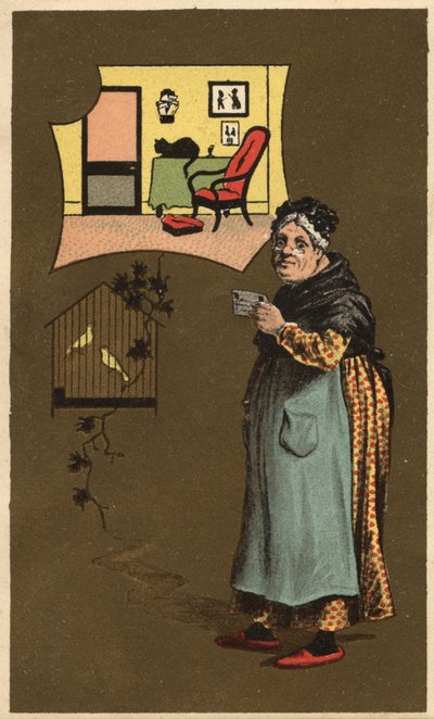 Uma mulher velha segurando uma xícara perto de uma gaiola com pássaros. Uma cromolitografia anónima, do final do século XIX. de Unknown artist
