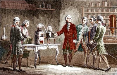 Antoine Laurent Lavoisier (1743-1894) executa a decomposição do ar em 1776 - Antoine Laurent Lavoisier químico inglês, mostrando aos colegas cientistas a sua experiência que revelou a composição do ar em 1776 - Gravura de Louis Figuier de Unknown artist