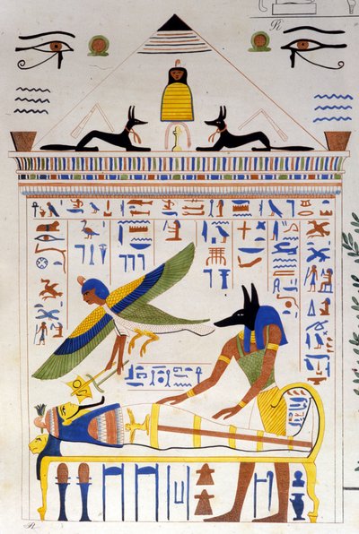 Anubis cuida da múmia enquanto a alma do falecido voa para a transmigração - em "Monumentos do Egito e da Alta Núbia" de Ippolito Rosellini (Rossellini). de Unknown artist