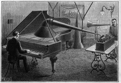 Aparelho para gravar uma peça para piano do fonógrafo, uma invenção de Thomas Alva Edison (1847-1931). Gravação em "La Nature. Revue des sciences et de ses applications aux arts et a l