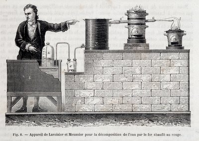Aparelho de Antoine Laurent de Lavoisier e Meusnier para a decomposição da água por ferro aquecido a vermelho - em "Les wonders de l