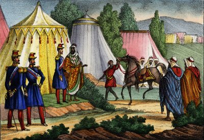 Líder árabe oferece um cavalo a um oficial do exército francês de África, Argélia de Unknown artist