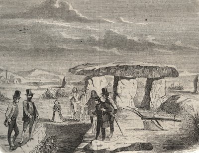 Escavações arqueológicas: descoberta de tumbas gregas perto das Dolmen de la Pierre aux Fees (Pierre-aux-Fees) no Oise (60). Gravura a partir de 1856 em "Le Musee Des Sciences". de Unknown artist