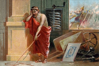 Archimede de Syracuse (287- 212 a.C.) traçando formas geométricas no chão, em breve para parar pelos soldados romanos no fundo da cena. Em sua oficina pode-se reconhecer suas diversas invenções: o parafuso e o carrinho de mão. Cromolitografia da 19ª c de Unknown artist