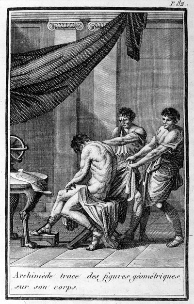 Arquimedes traça figuras geométricas em seu corpo. de Unknown artist