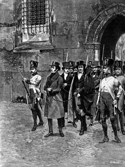 Detenção de carbonari (membros da Charbonnerie ou Carboneria) do Veneto Lombardia. Ilustração de Matania. Gravura do século XIX. de Unknown artist